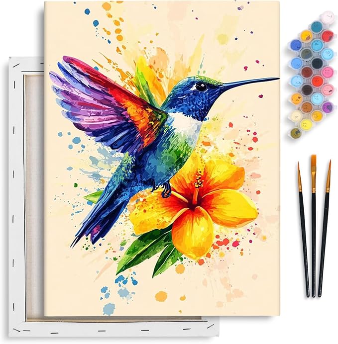 Yezavesu Hummingbird Framed Paint by Numbers Kit for Adults Beginner | With Frame Canvas 12x16 Inch, DIY Acrylic Painting by Numbers Hummingbird, Stress Relief Craft Kits, Home Wall Decor Gift