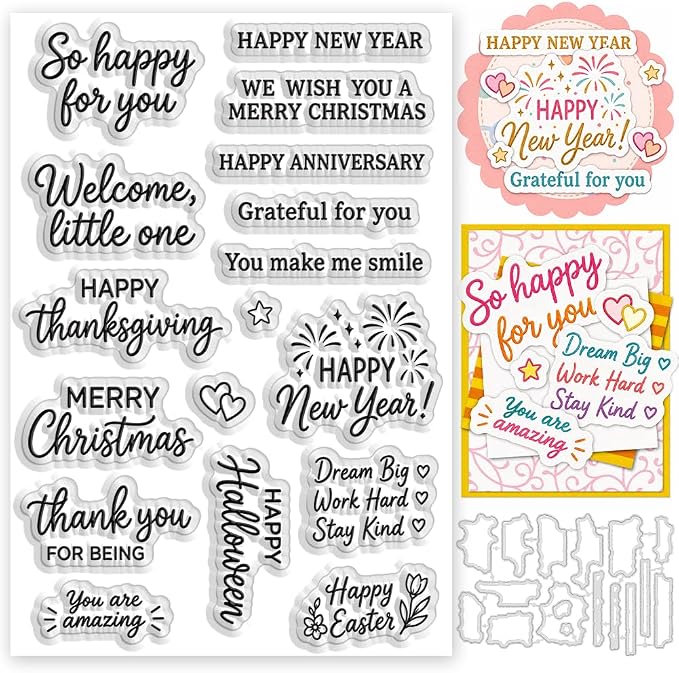 Card Making Stamps and Cutting Dies Set(Holiday Sentiment Word) | Durable Silicone Stamps and High - Quality Carbon Steel Dies for Card Making, Photo Albums and Diary Decoration