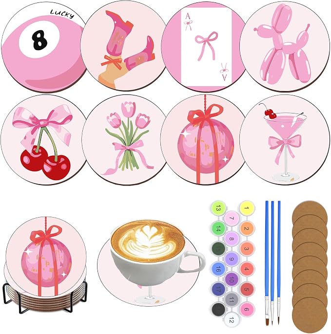 8 Pack Modern Paint by Numbers Kits Coasters with Holder Cork Pads | Pink Bow Paint by Number Kit for Adults Simple Round Oil Painting Coaster for Small DIY Craft Holiday Birthday Gift 3.9x3.9in