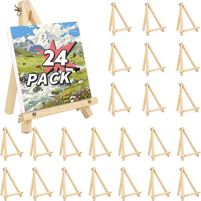 24 Pack 9 Inch Easel for Painting, Wooden Easel Stand Canvas Stand | Smooth Wood, Folds Flat for Storage, for Canvases, Photos, Signs, Weddings, Classrooms, Home Décor