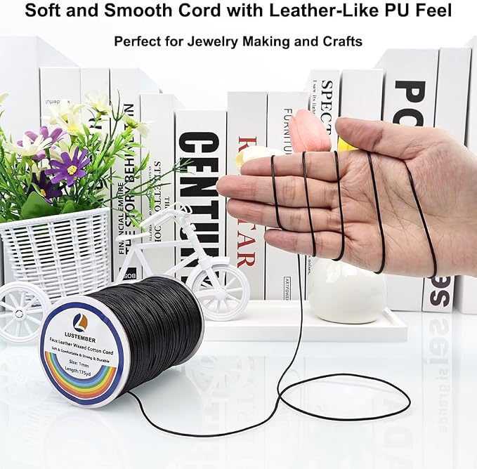 LUSTEMBER 1mm Faux Leather Waxed Cotton Cord, 175 Yards – Durable Necklace String, Soft and Textured Cord for Necklaces, Bracelets, and Jewelry Making