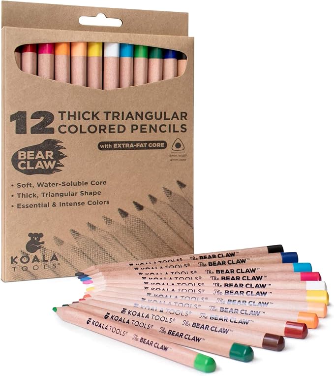 Koala Tools - Bear Claw Colored Pencils for Adults and Kids, Water Soluble Color Pencils with Triangular Grip for Art and Shading, Large Coloring Pencils, Pack of 12
