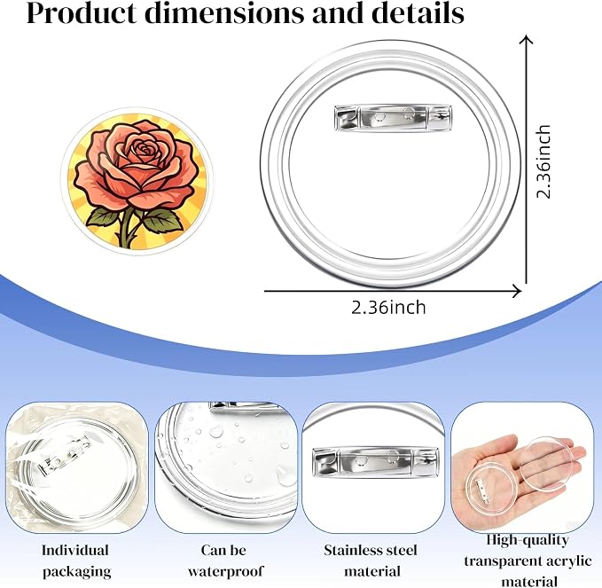 Clear Button Pins Plastic for Crafts - 20 Pack Circle Acrylic Round Button DIY Design, Blank Pins Bulk, Photo Pin Making Kit for Badge Maker DIY Crafts Supplies (2.36 Inch)