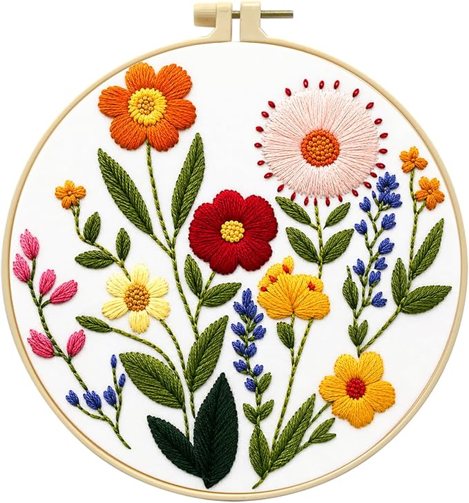 Zhenqing Wildflower Embroidery Kit for Beginners, Floral Needlework Kit with Pre-Printed Cotton Fabric, Hoop, Threads & Tools, Flower Wall Decor (C0125)