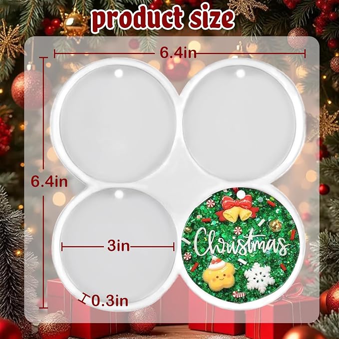 MEMOVAN 4-Cavity Christmas Ornaments Resin Molds with Hole Round Resin Molds Circle Coaster Molds Round Pendant Casting Molds for Epoxy Resin Christmas Tree Decorations DIY Crafts