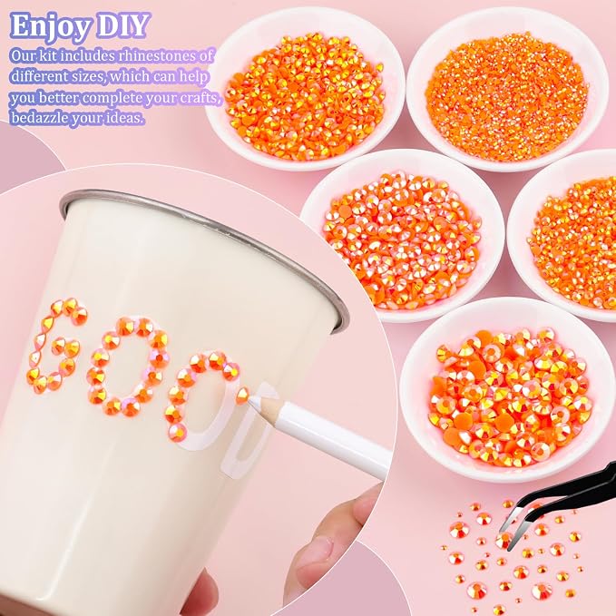 25000Pcs Resin Rhinestones for Crafting, Orange AB 2-6mm Mixed Sizes Non Hotfix Flatback Gems with 1Pcs Glue, Bedazzling Crystal for DIY Craft Clothing Mugs Tumblers Shoes Fabric Decor Nail Art