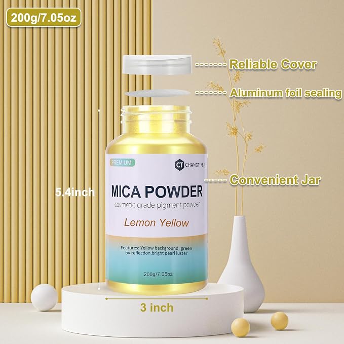 Mica Powder,7.05OZ（200g）,Lemon Yellow Mica Powder Pigment for Epoxy Resin，Lip Gloss，Car Paint，Dye，Soap Making，Nail Polish,Epoxy Resin,Candle Making,Bath Bombs