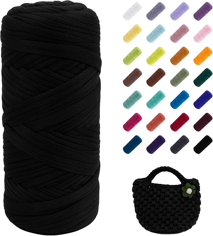 JeogYong T-Shirt Yarn, 200g/196ft Elastic Fabric Cloth Knitting T Shirt Yarn, Black Thick Crochet Fabric Ribbon for Crocheting Bags/Baskets/Rugs, Home Decor, DIY Crafts