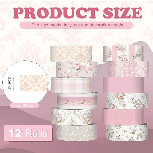 12 Rolls Floral Washi Tape Set,Pastel Pink,Tea Party | Watercolor Flowers Design for Scrapbook Journal DIY Craft School Supplies, 15 mm Vintage Decorative Masking Washi Tapes