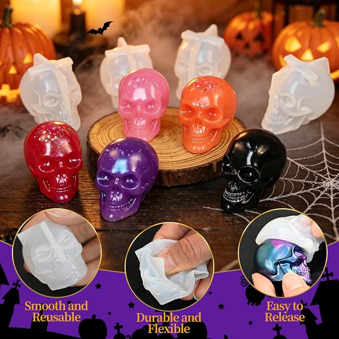 Small Skull Silicone Molds, Set of 6 Halloween Skull Head Molds | 3D Skull Silicone Molds for Candle, Epoxy Resin, Keychain, Soap Plaster, Fine Detail Skeleton Craft DIY Gift Art Home Decor
