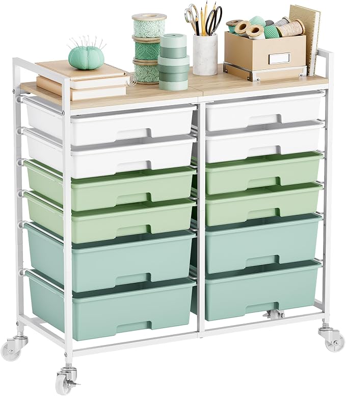 TOOLF 12 Drawers Rolling Storage Cart with Wooden Top for Classroom,Green | Teacher Cart Craft Art Supply Organizer, Utility Cart with Lockable Wheels for Home Household Essentials, Office Organization