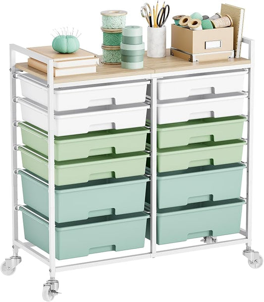 TOOLF 12 Drawers Rolling Storage Cart with Wooden Top for Classroom,Green | Teacher Cart Craft Art Supply Organizer, Utility Cart with Lockable Wheels for Home Household Essentials, Office Organization