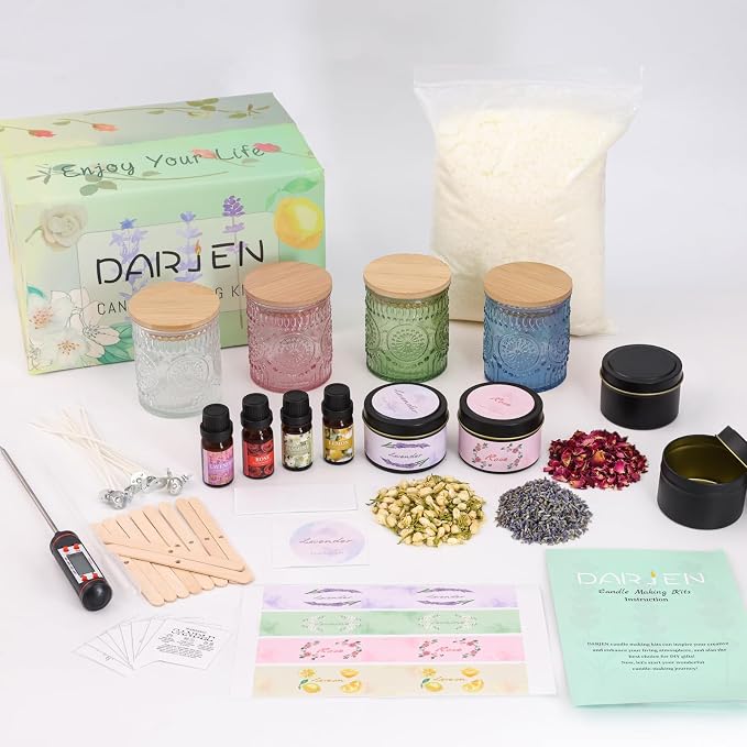 DARJEN Candle Making Kit for Beginners, 2 Jars Soy Wax Scented DIY Set | 100% Soy Wax, 10oz Glass Jars, 4oz Tins, Cotton Wicks, Pleasant Scents, Instruction& More- Perfect as Home Decorations