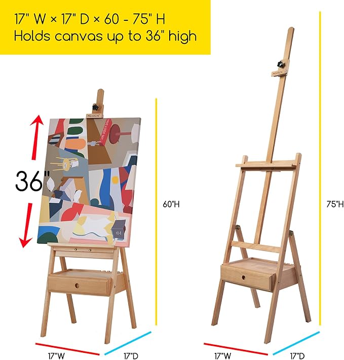 MEEDEN Painting Easel with Storage Drawer, Studio H-Frame Easel- Adjustable (60"~75") Solid Beech Wood Easel Stand for Painting for Adults, Holds Canvas Art up to 35",Natural