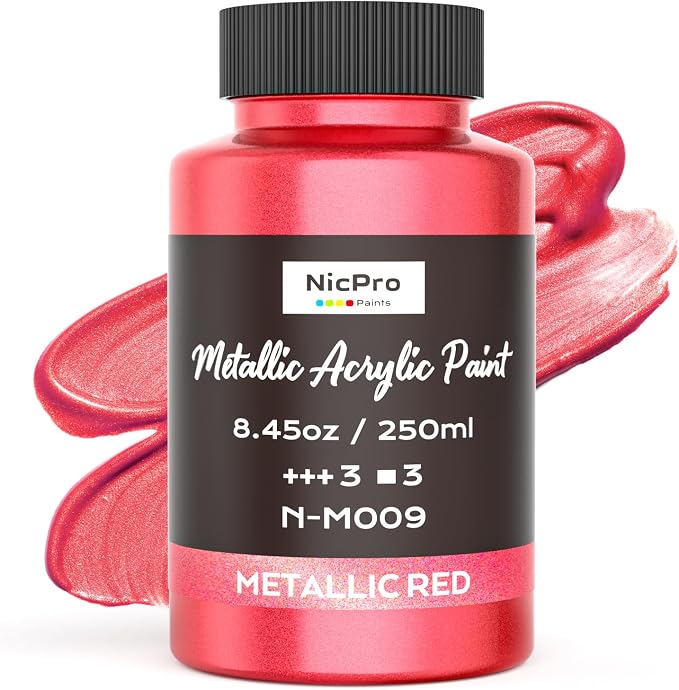 Nicpro Metallic Red Acrylic Paint, 8.45oz/250ml Large Metallic Paint | Non Toxic, Non Fading Craft Paints for Metal, Wood, Clay, Fabric, Canvas, Furniture, Handcrafts, Art Supplies