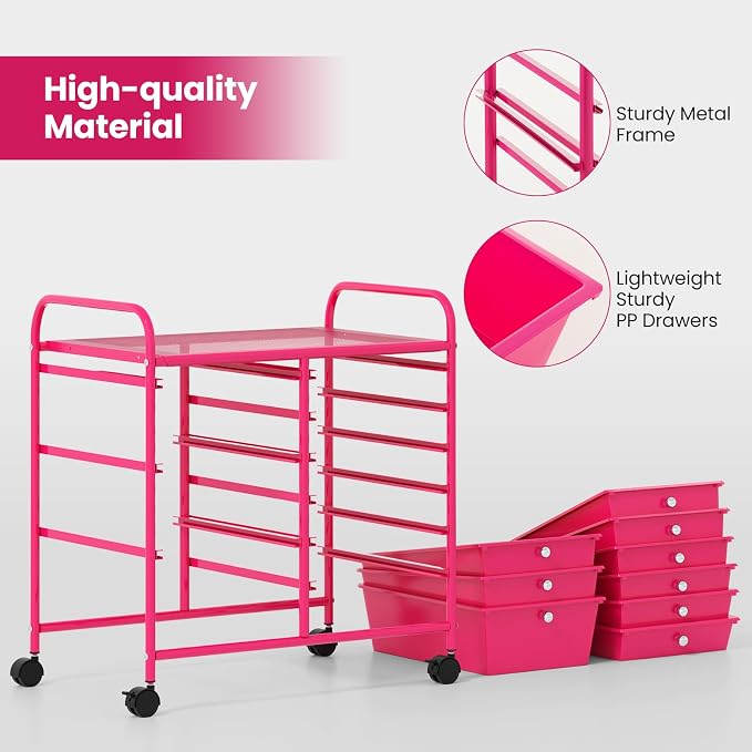 Giantex 9 Drawers Rolling Cart, Classroom Organizers, Storage Cart with Wheels, for Teacher Office Home School Supplies Tool Craft Art Paper, Hot Pink