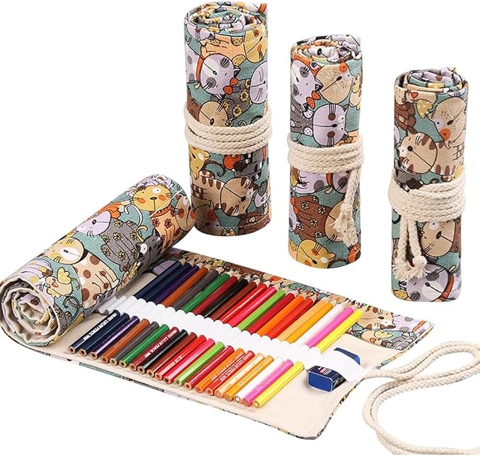 DIYOMR 12/24/36/72 Slots Pencil Wrap Pencil Rolls, Artist Colored Pencil Roll Up Bag Short Brush Pouch Case Pencils Organizer for Drawing Coloring and Sketching, No Pencils (Cuddly Cat, 12slots)