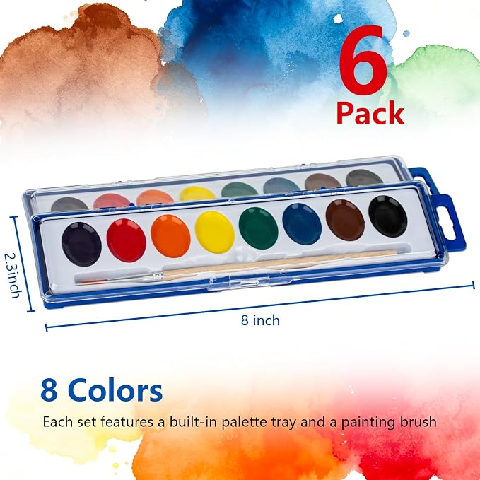 6 Pack Watercolor Paint Set, 8 Colors Water Color Paint Sets for kids | Washable, with Wood Brush, Art Supplies, Non-Toxic, for Classroom, Children, Student, Party Favor, Bulk