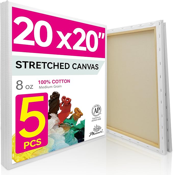 PHOENIX Large Stretched Canvas for Painting 20x20 Inch/5 Value Pack, 8 Oz Triple Primed 5/8 Inch Profile 100% Cotton White Blank Canvas, Square Framed Canvas for Oil Acrylic & Pouring Art