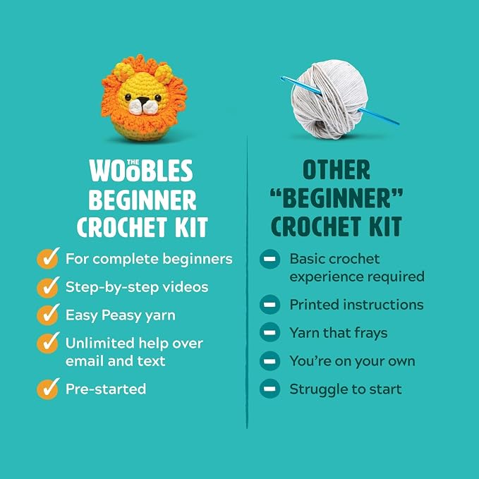 The Woobles Crochet Kit for Beginners (Fred the Dinosaur) | As seen on Shark Tank, Kit includes: Easy Peasy Yarn, pre-started piece, hook, safety eyes, stuffing, video tutorials