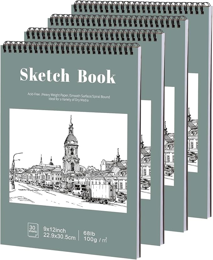 4 Pack Sketch Book, 9 x 12 Inch Sketchbook, 68lb/100gsm Top Spiral Bound Sketch Pad, Acid Free Art Supplies Drawing Painting Sketching Paper for Kids, Adults, Beginners, Artists (30 Sheets Each) | 100gsm Drawing Paper, Hardcover Backboard, Lay-flat Top...