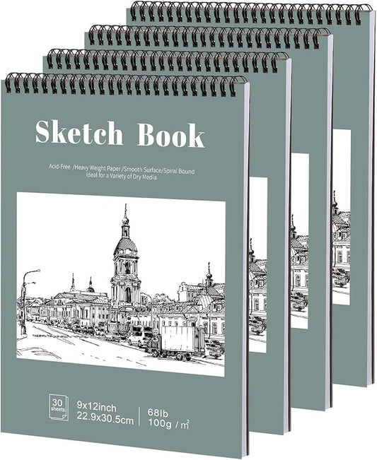 4 Pack Sketch Book, 9 x 12 Inch Sketchbook, 68lb/100gsm Top Spiral Bound Sketch Pad, Acid Free Art Supplies Drawing Painting Sketching Paper for Kids, Adults, Beginners, Artists (30 Sheets Each) | 100gsm Drawing Paper, Hardcover Backboard, Lay-flat Top...