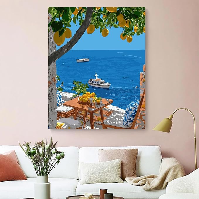 ZRIZQ Paint by Numbers Kit for Adults Beginner,Lemon Tree Sea,16x20 | Full set with wooden brushes,rolled canvas,rich paints.Calming activity.Beginner friendly.Just open and paint.