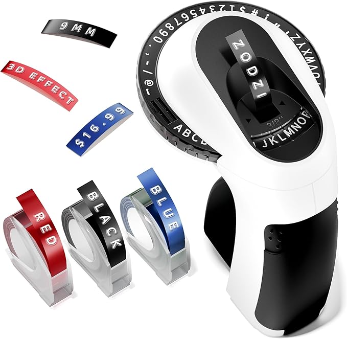 Zodzi Label Maker,Embossing Label Maker,Manual Embossed Label Maker Machine | for DIY Crafts,Junk Journal Scrapbook Supplies,Old School Embosser with 3 Rolls 9mm 3D Labeler Waterproof Tapes