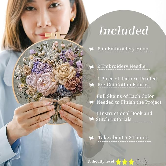 FONNUY Bouquet Flowers Embroidery Kit for Beginners, Pre-Stamped Pattern Kits for Adults with Hoop, Easy to Follow Color Thread Needlework, 8'' Hoop (Timeless Elegance)