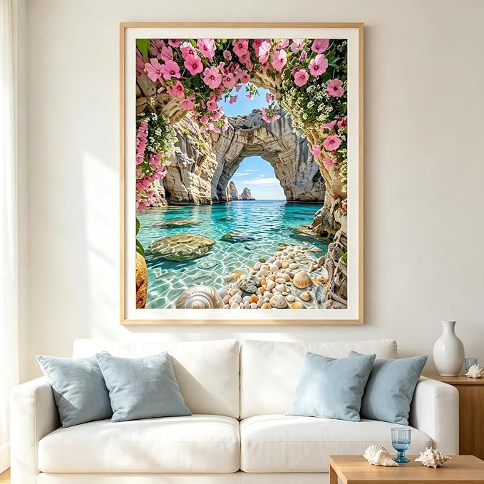 Ocean Flower Diamond Painting Kits for Adults, Landscape Diamond Art Kits | DIY Full Round Drill Gem Painting Coastal Beach Paint by Diamonds Relaxing Craft for Home Wall Decor 12x16In
