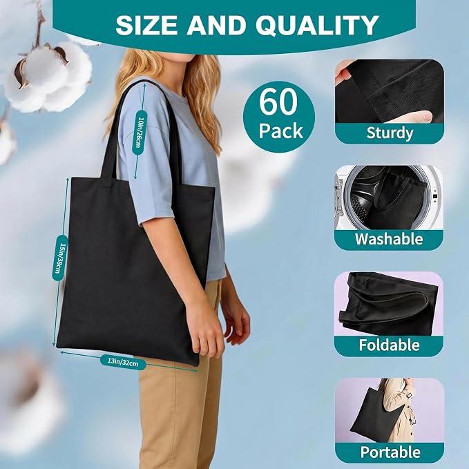 60-Pack Sublimation Blanks Tote Bags, Black Canvas Bags for DIY Gifts | Reusable grocery shopping totes, heat transfer & HTV ready, personalized gifts for women, men, advertising, Party Shopping