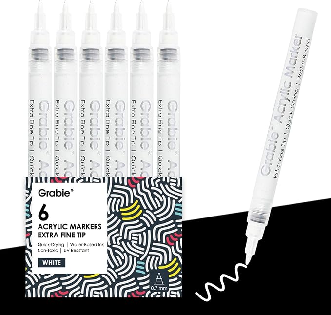 Grabie 6 White Acrylic Paint Markers, 0.7 mm Extra Fine Tip