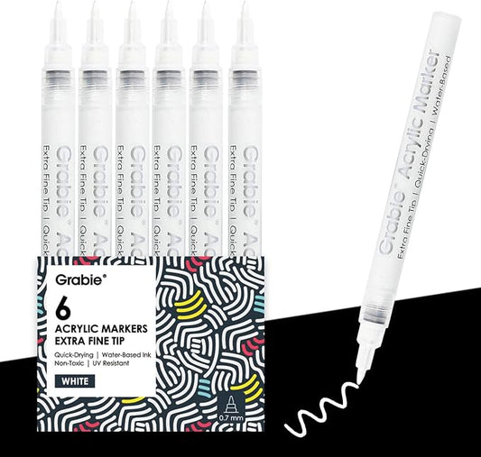 Grabie 6 White Acrylic Paint Markers, 0.7 mm Extra Fine Tip