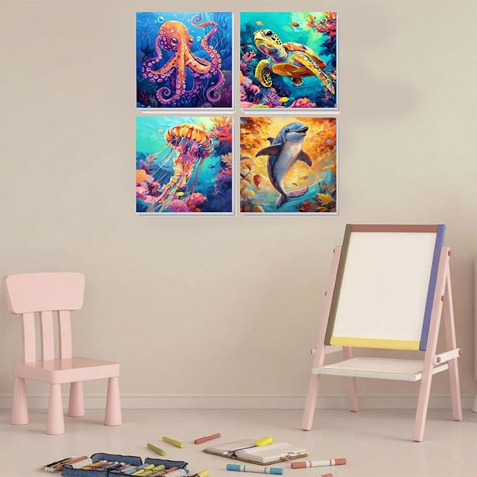 Arttoplus 4 Pack Paint by Numbers Kit for Kids with Frame Sea Animal 8x8in | Sea Animals Kids Paint by Numbers Ages 4-8-12 with Wooden Easel, Easy Oil Painting by Number for Gift Home Wall Decor