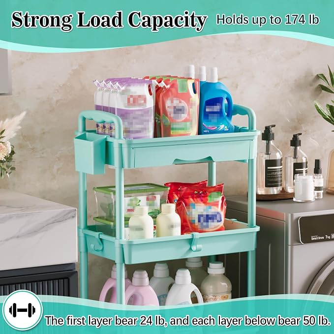 SUNALLY 4 Tier Rolling Cart with Drawer, Craft Storage Cart Organizer, Blue