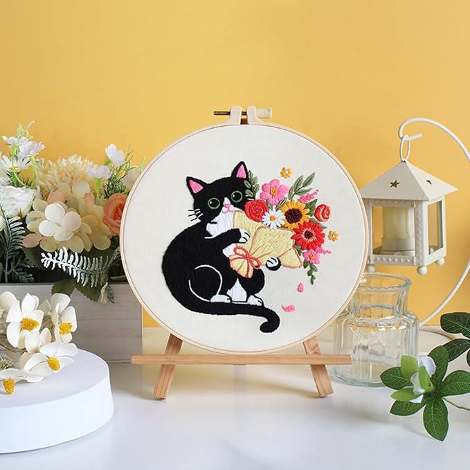 Nuberlic Embroidery Kits for Beginners with Cat and Flower Pattern | Cross Stitch Starter Craft Kits for Adults Including Cloth with Pattern, Hoop, Needles Instruction and Threads