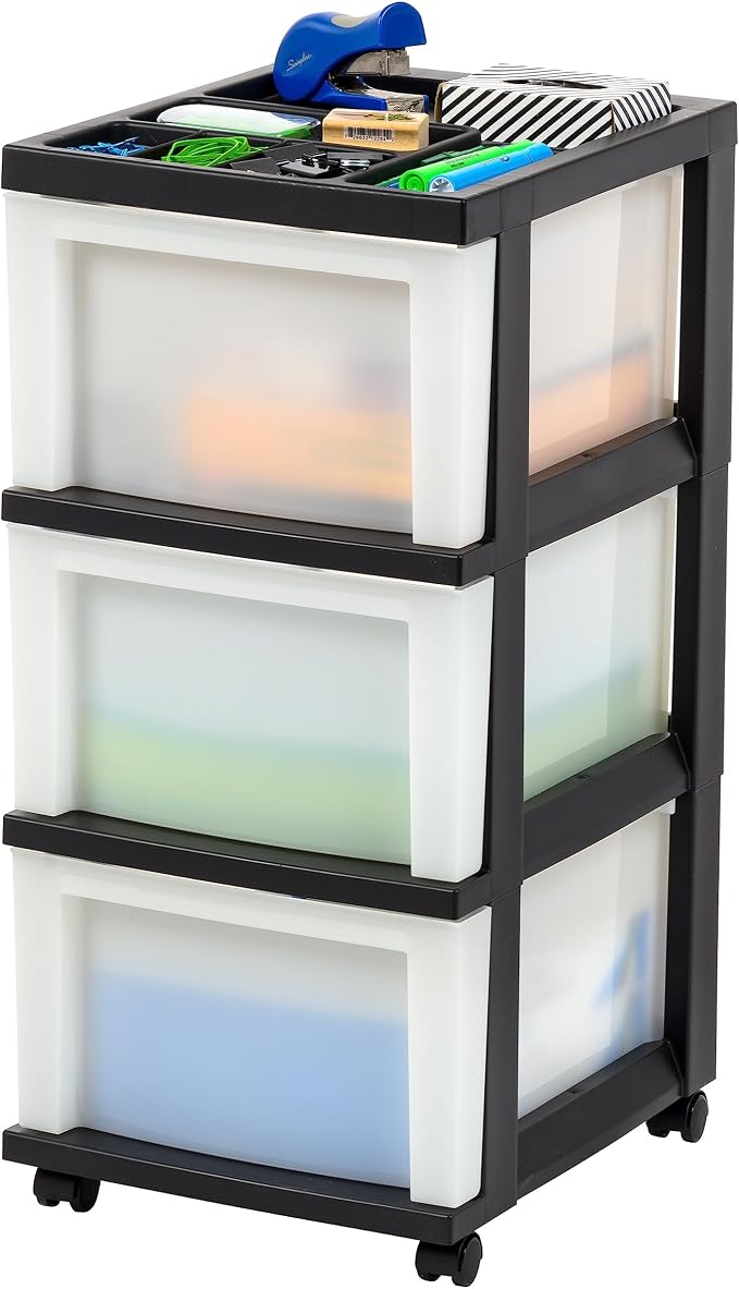 IRIS USA 3-Drawer Rolling Storage Cart, Black/Pearl