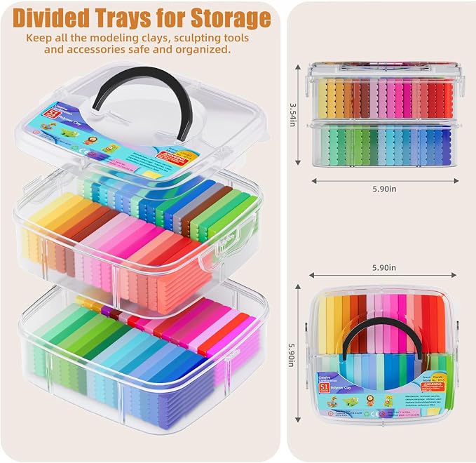 CiaraQ 51-Color Polymer Clay Oven Bake Modeling Kit | 14 sculpting tools, 2-layer storage box, silicone mold, acc. pack, guide. Great for school, home, gifts, kids & artists.