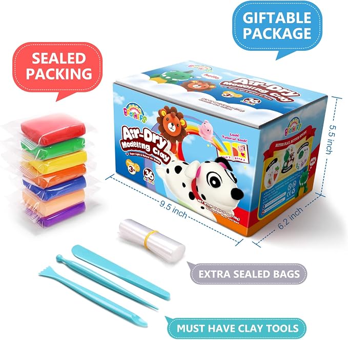 Sago Brothers 36 Colors Air Dry Clay with 3 Tools, Tutorial & Sealed Bags | Soft Modeling Clay for Kids, Chrismas Birthday Gifts for Kids Age 3-12, Toys Crafts for Girls and Boys