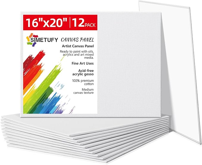 Simetufy 12 Pack 16x20 Inch Flat Canvas Panels Large Painting Boards | 8 Oz Triple Primed 100% Cotton Acid Free White Blank for Acrylic, Oil Paints