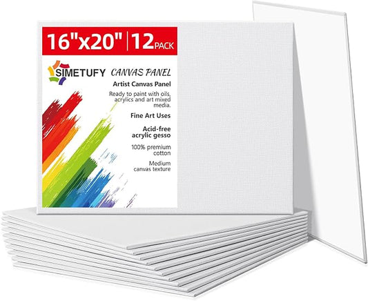Simetufy 12 Pack 16x20 Inch Flat Canvas Panels Large Painting Boards | 8 Oz Triple Primed 100% Cotton Acid Free White Blank for Acrylic, Oil Paints