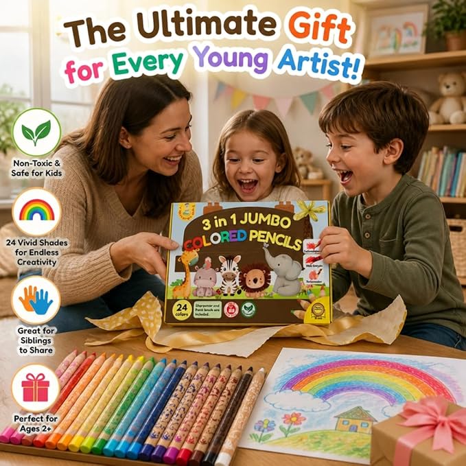 24 Jumbo colored Pencils Toddler ages 3-5, 3-in-1 Wooden Pencil, Crayon & Watercolor Art Set. Break-Resistant 8mm Core, Chunky Easy Grip for Beginner, Preschools, Kids, those with special needs (24)