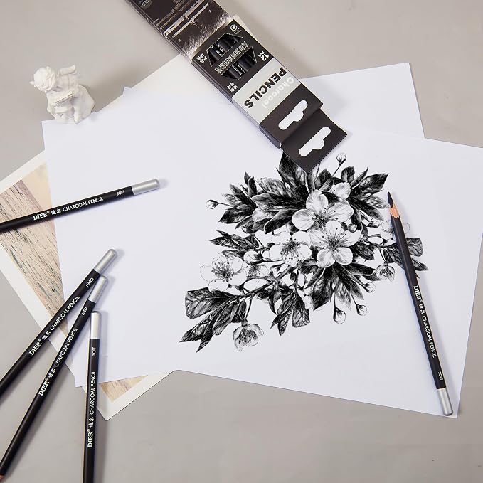 Geyoga 180 Pcs Professional Charcoal Pencils Drawing Bulk Soft Medium and Hard Charcoal Sketch Drawing Pencils for Beginners Artists Shading Sketching