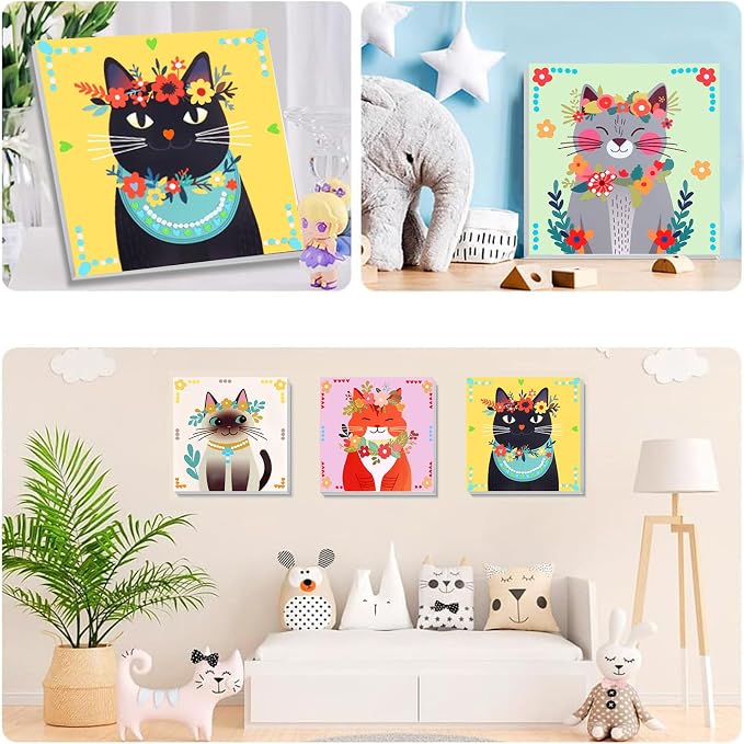 4 Pack Cat Paint by Number for Kids with Wooden Frame - Wooden Easel | Paint by Numbers for Kids Cats Ages 4-8-12, Easy Cat DIY Acrylic Oil Painting Kits for Home Wall Decor (8X8 inch)