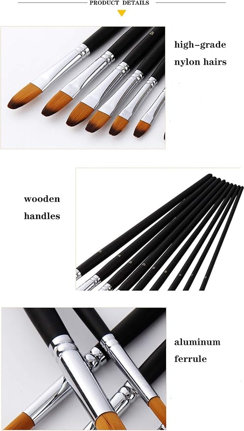 Artist Paint Brushes Set,9 Pcs Professional Filbert Brushes for Acrylic Oil Watercolor Gouache Painting Kits with Long Handle Nylon Hair Black
