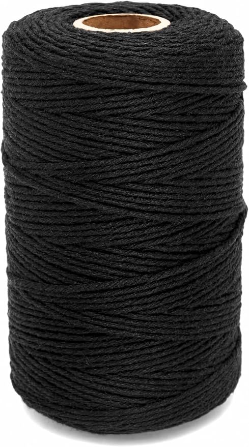 G2PLUS 656 Feet Black String,2MM Cotton Twine for DIY Arts & Crafts | 656 Ft Long Roll for lasting use,Soft Cotton Cord For Gift Wrapping, Crafts, Home Decor and Holidays