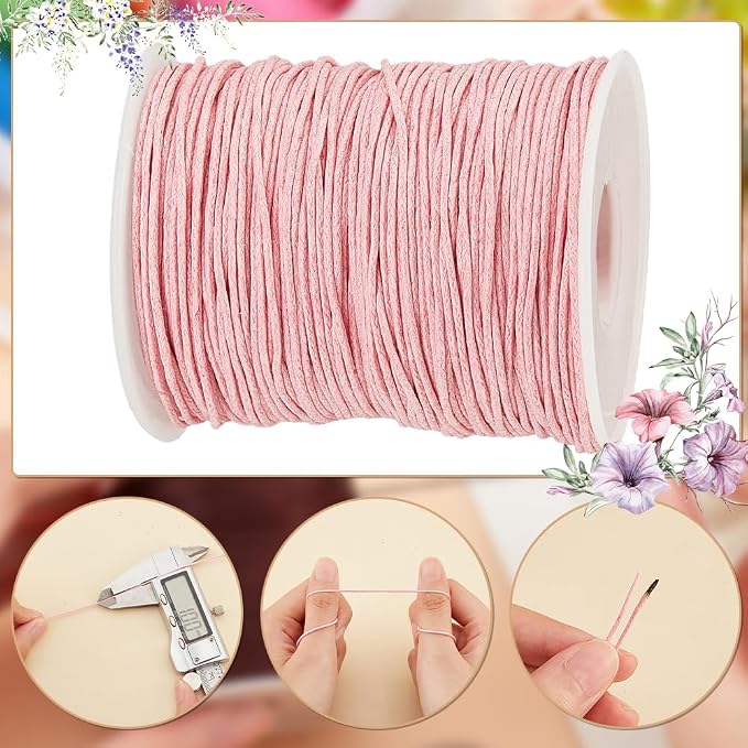 PandaHall 1 Roll 1mm 100 Yards Waxed Cotton Cord Thread Beading String for Jewelry Making Crafting Beading Macrame Pink