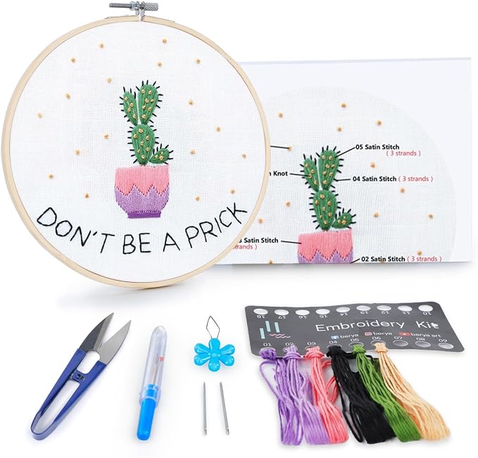 BERYA Cactus Embroidery Kit Including Video Step by Step Instructions Embroidery Hoop,Color Threads and Embroidery Scissors for Beginners-Handmade Needlepoint Kits for Adults