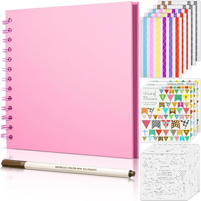 GOTIDEAL 7 x 7 Inch Scrapbook Album with Metallic Markers, Pink, 40 Pages | Kraft Paper Photo Albums for Wedding & Anniversary, Family DIY Scrap Books with Scrapbooking Stickers Corners