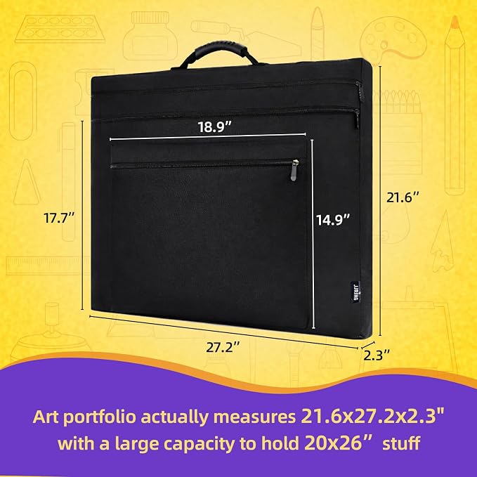 JJRING 20x26 Art Portfolio Tote Bag With Shoulder Strap, Black